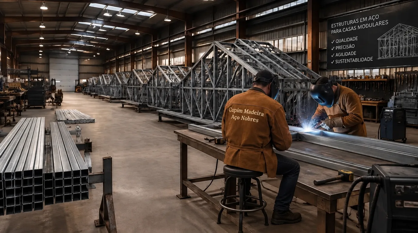 Bancada de fabricação das estruturas em aço no galpão