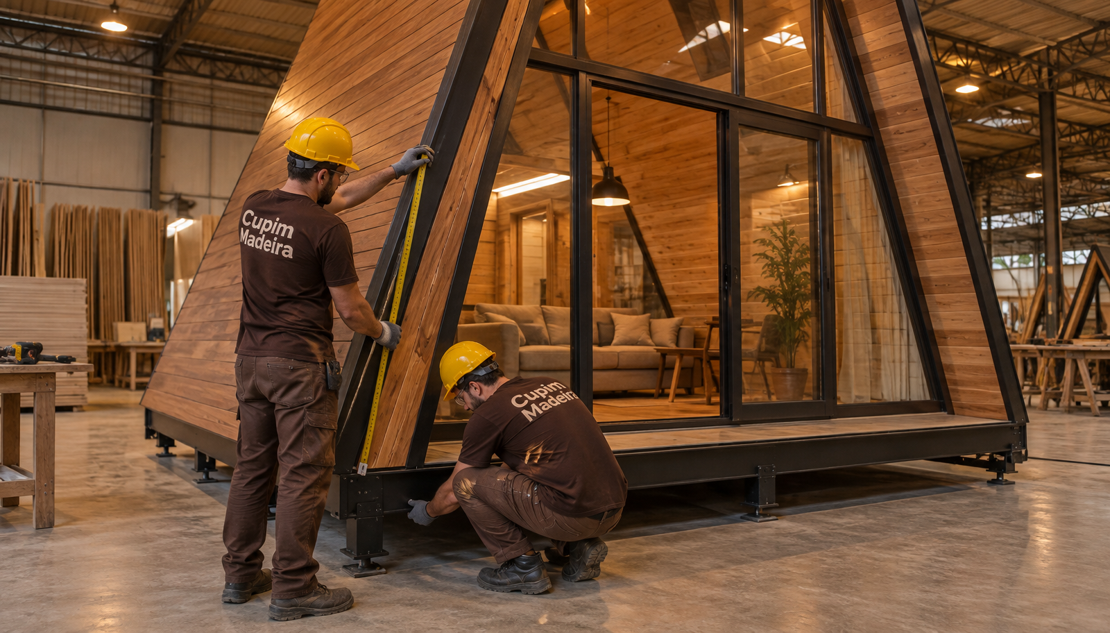 Módulo de chalé A-frame em pré-montagem dentro do galpão, com técnicos conferindo medidas